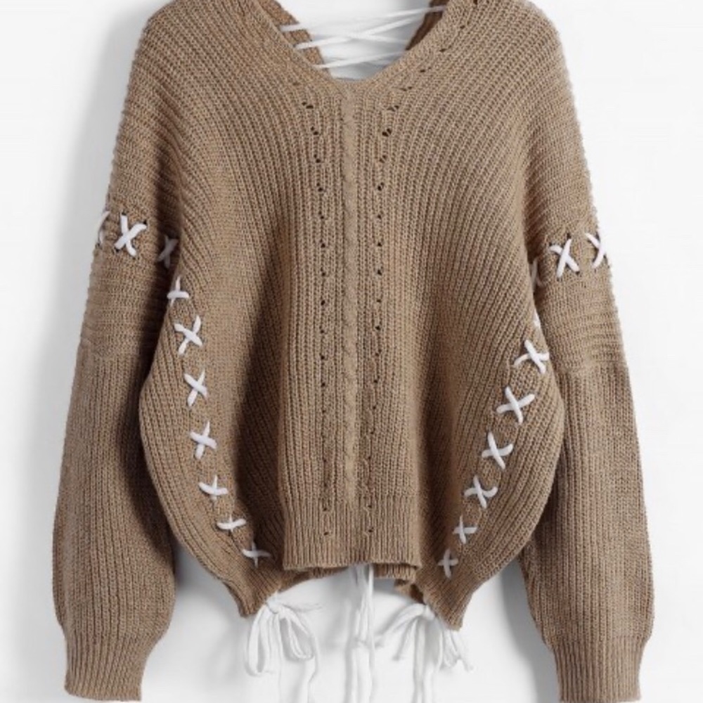 Lace Up V Neck Open Knit Sweater